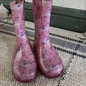 Pink and Silver Knee-High Rain Boots with Glossy Finish